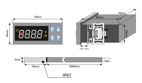 Wymiary obudowy, panelu przedniego regulatora NA8810A+ oraz wymiary czujnika NTC.