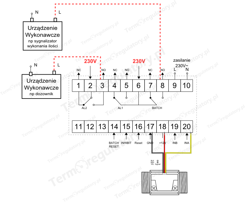 schemat podłączenia Licznik impulsów CI8  + czujnik przepływu CP