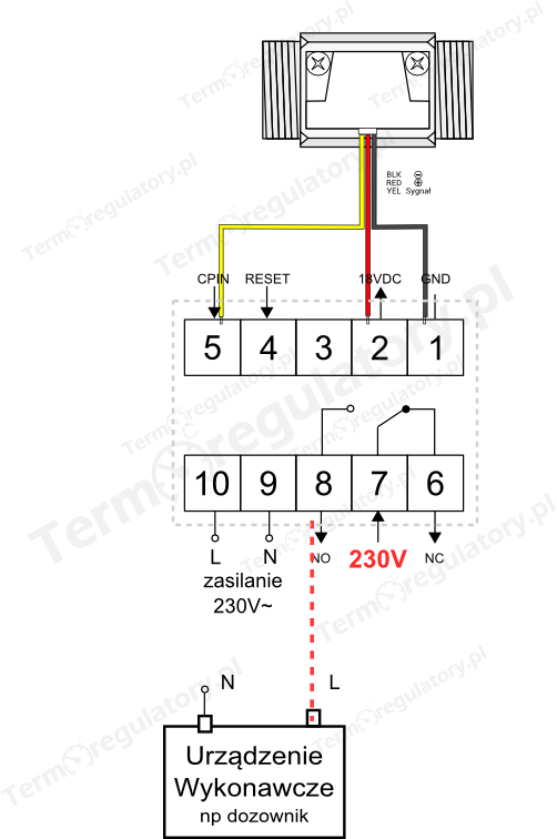 Schemat podłączenia Licznik impulsów CA4 + przepływomierz 